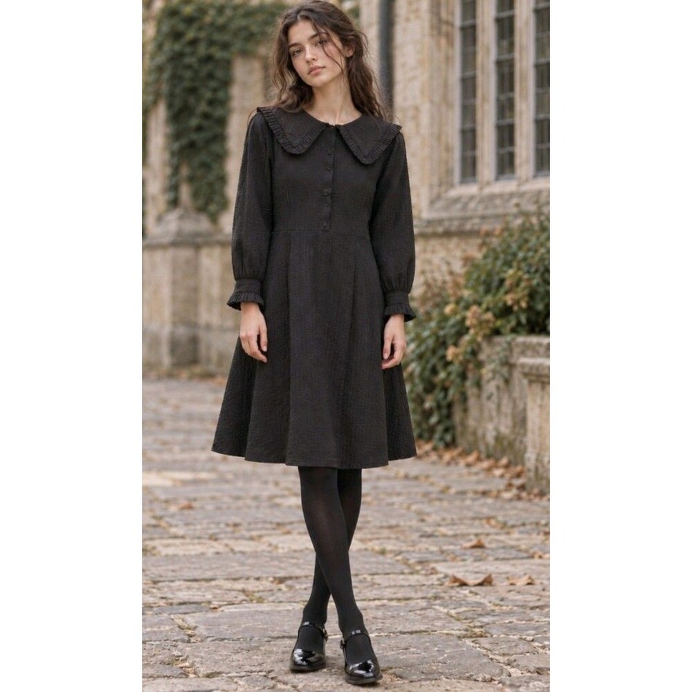 Vintage Gals Of NY Black Cotton Ruffle Sailor Collar Dress XL Dark Academia